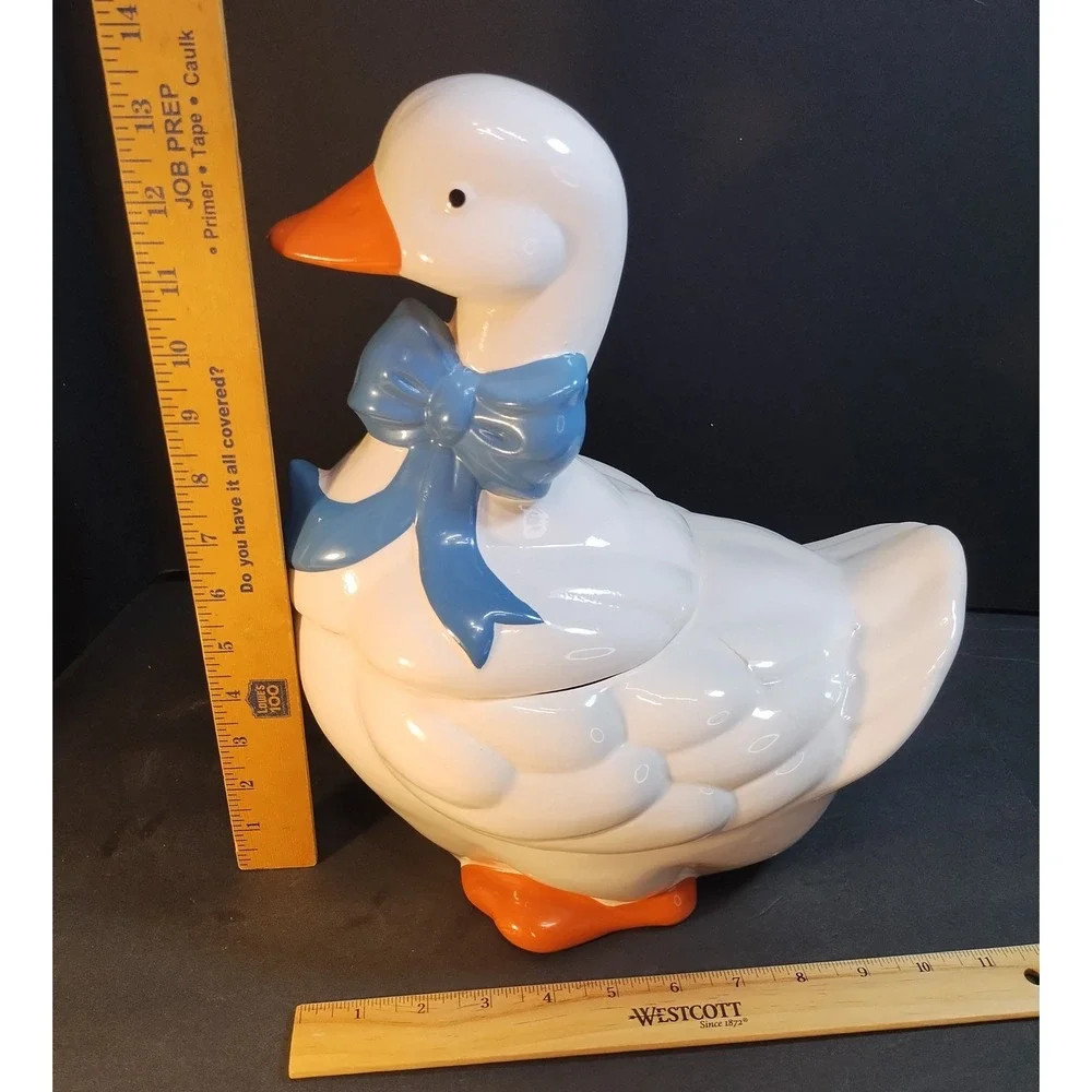 Vintage Mother Goose Cookie Jar White Ceramic Blue Bow Orange Beak LG Farmhouse